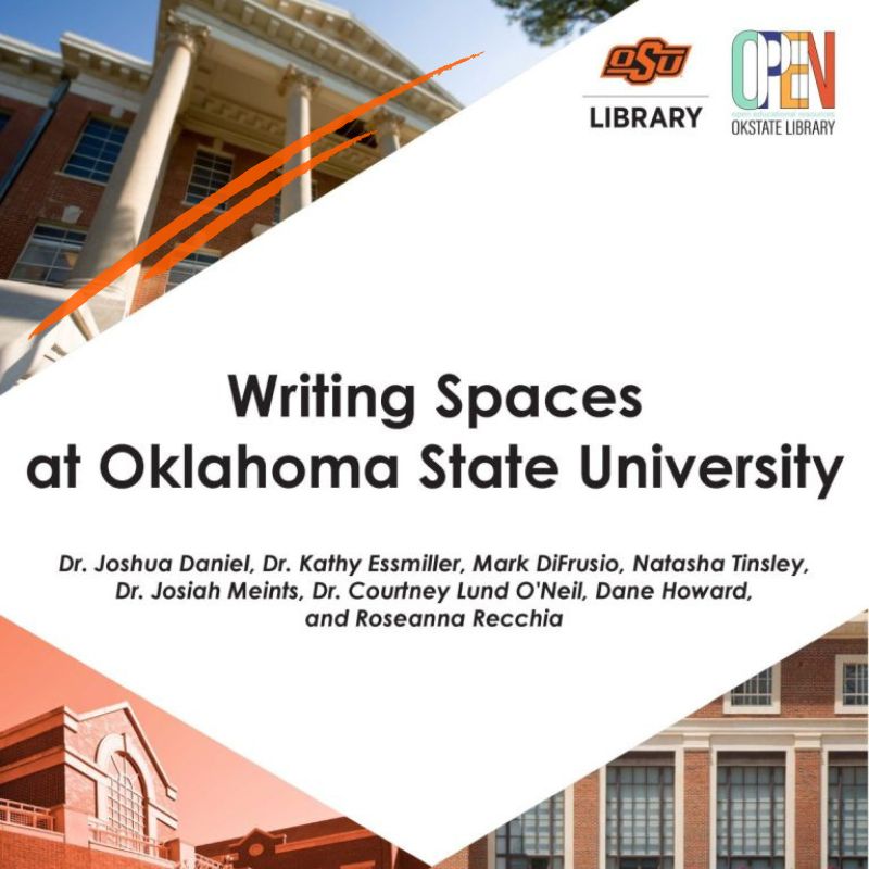 Cover of Writing Spaces at OSU Textbook, lettering over brick campus building